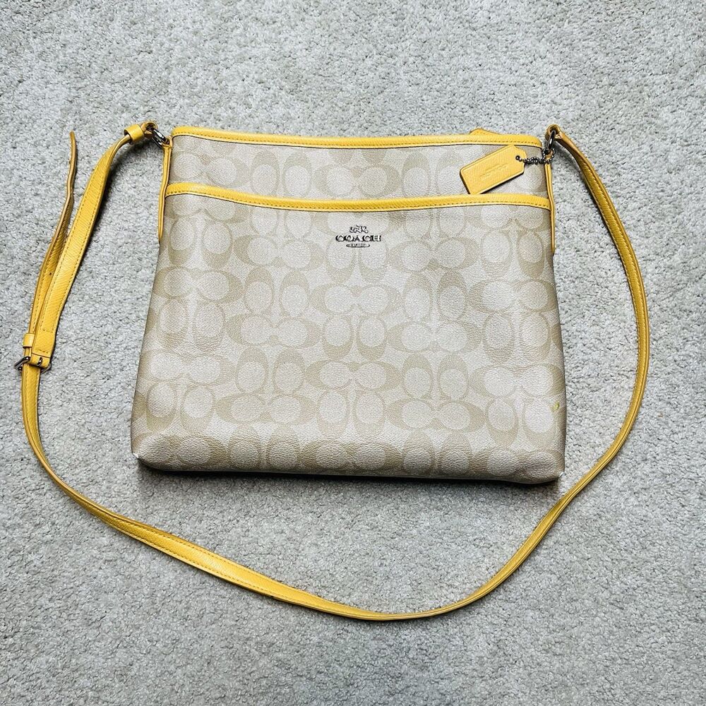 Coach Signature File Crossbody Bag Coated Canvas Leather Purse Khaki Yellow
